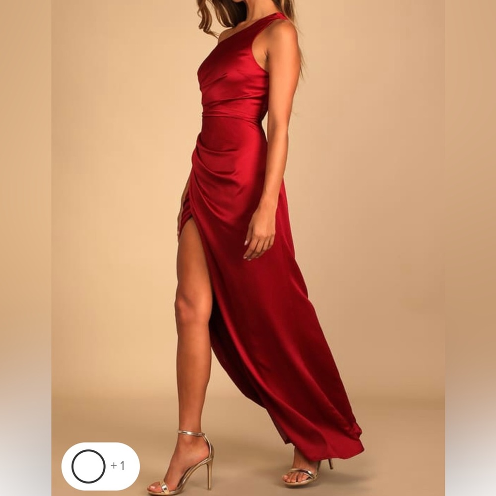 Red satin one shoulder maxi dress